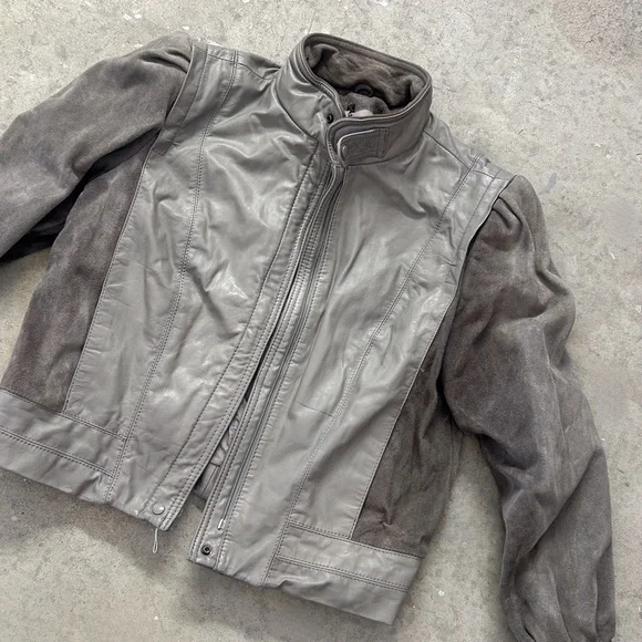 Gray Leather Jacket with Stand-Up Collar and Full-Length Zipper - Picture 1 of 11